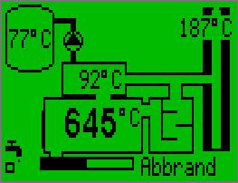 Na dolnej ilustracji widać schemat pieca kaflowego z systemem EOR, kotłem grzewczym, zbiornikiem buforowym oraz czujnikiem temperatury spalin na wejściu do komina.