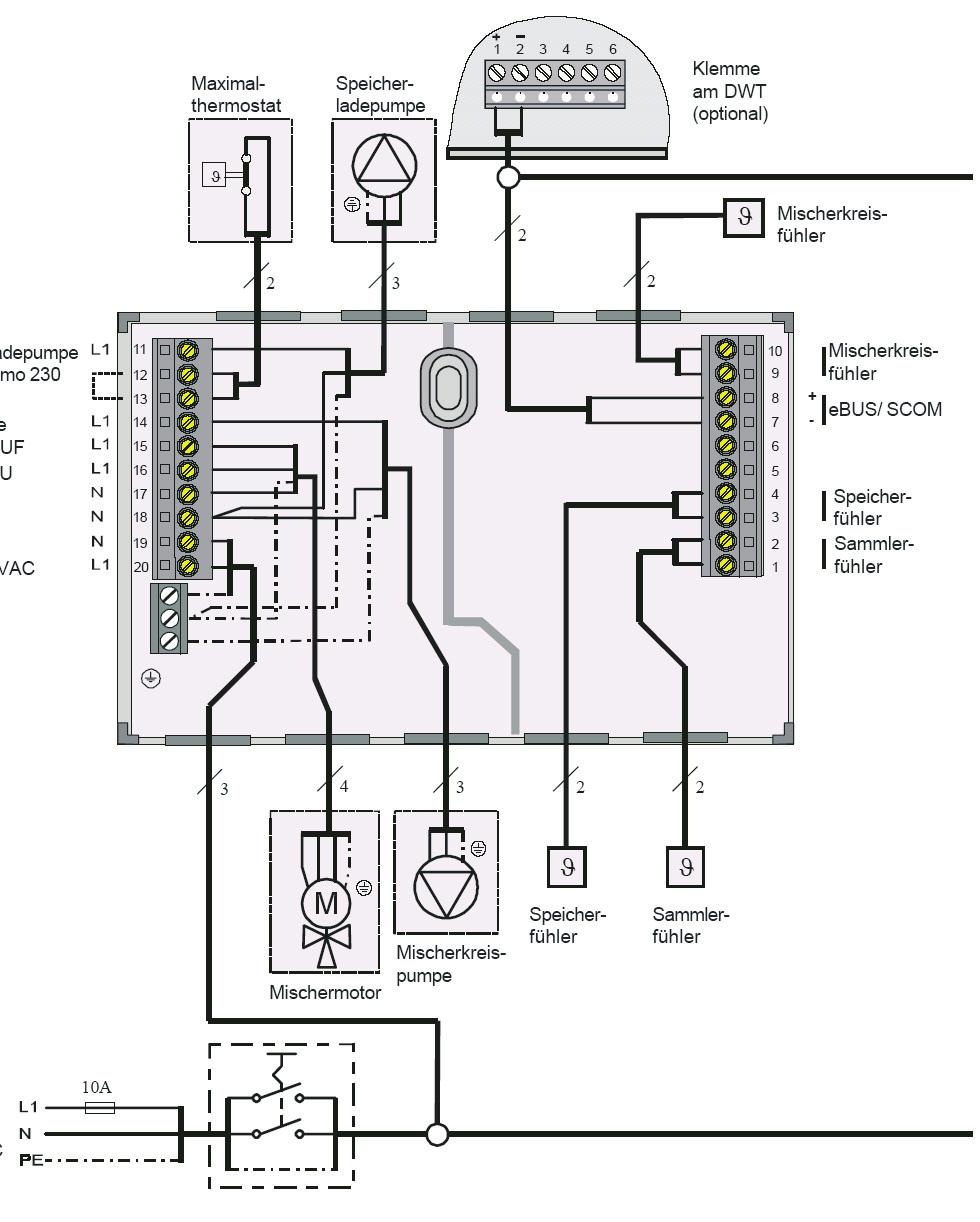 Podłączenie elektryczne Wariant 1: Obieg mieszacza + Ładowanie zasobnika (ustawienie fabryczne); Parametr 50 = 0 lub 1 Maksymalny termostat Pompa ładowania zasobnika Zacisk na DWT (opcjonalny) Pompa