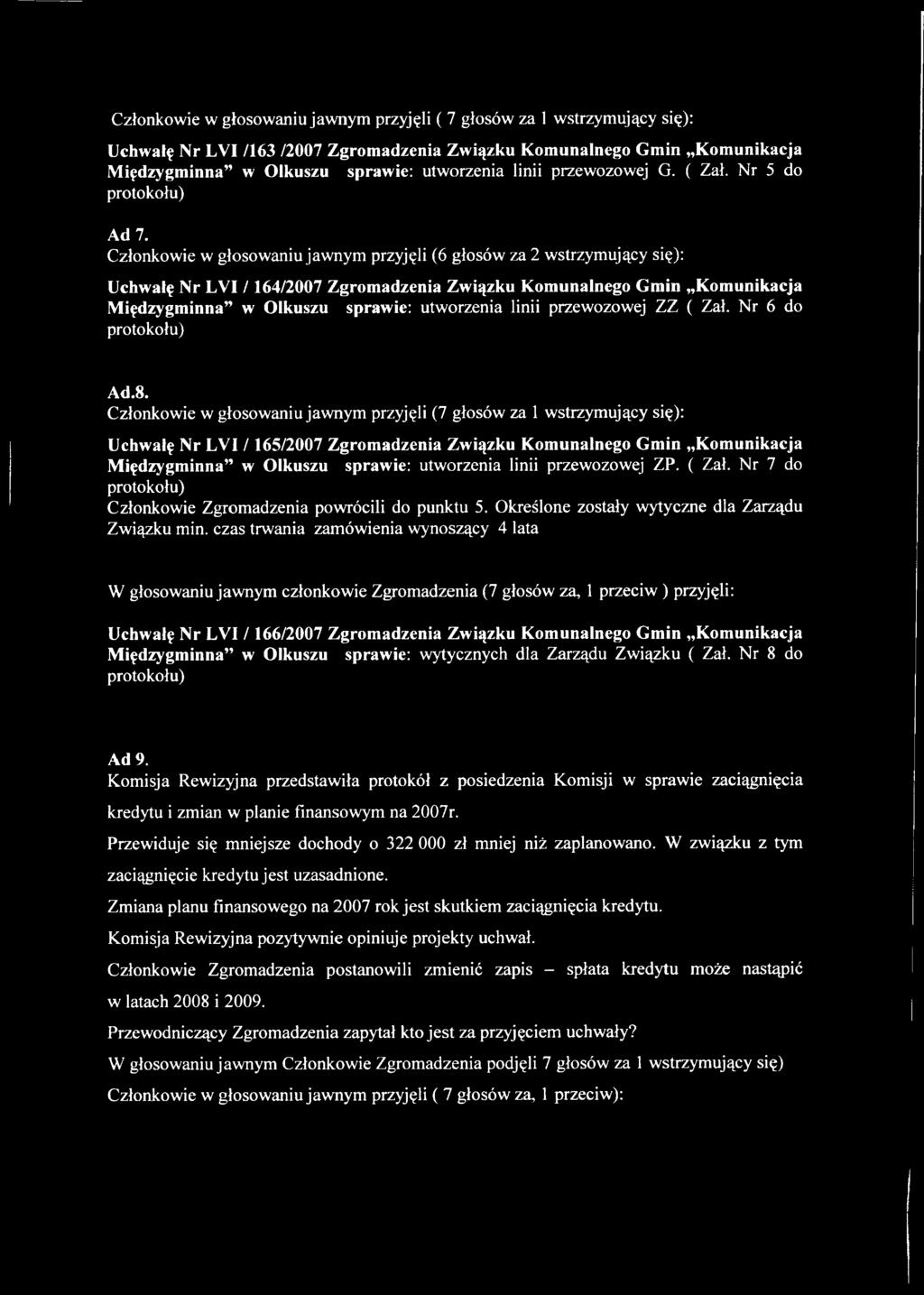 Członkowie w głosowaniu jawnym przyjęli (6 głosów za 2 wstrzymujący się): Uchwałę Nr LVI /164/2007 Zgromadzenia Związku Komunalnego Gmin Komunikacja Międzygminna w Olkuszu sprawie: utworzenia linii