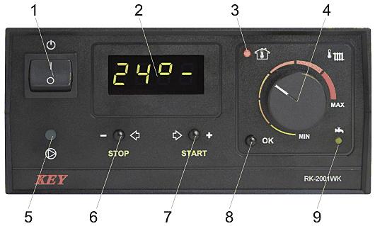 Rysunek 1. Widok płyty czołowej regulatora RK-2001WK. Podstawowa obsługa regulatora polega na ustawieniu gałką termostatu pokojowego wymaganej temperatury w pomieszczeniu.