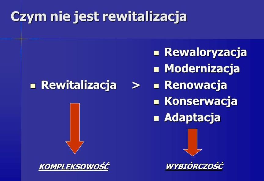 Rewitalizacja wyjaśnienie pojęcia to proces wyprowadzania ze stanu kryzysowego obszarów zdegradowanych prowadzony w sposób kompleksowy poprzez