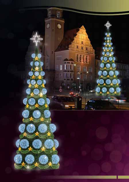 CHOINKI Z DEKORACJĄ STOŻKI GIGANTY STD27 girlanda świerk zielony czubek wzór POL617 lampki LED niebieskie, zielone ozdoby PCV girlanda zielona gwiazdy złote Stożek GIGANT wys. śred. wag.