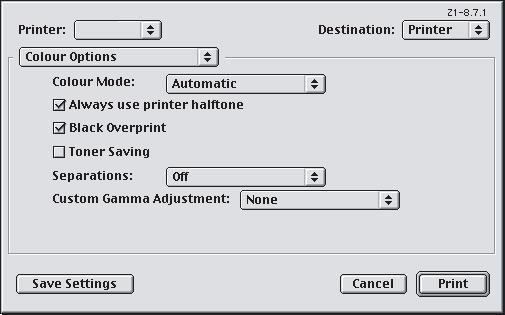 Mac OS 9 1. Wybierz menu [Plik] [Drukuj]. 1 2 3 2. W menu [Drukarka] (1) wybierz model drukarki. 3. Wybierz menu [Opcje kolorów] (2). 4. Wybierz pole wyboru [Czarny nadruk] (3). Mac OS X 1.