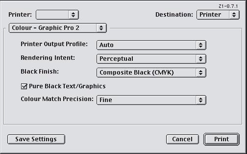 Mac OS 9 (Graphic Pro) 1. W menu [Plik] wybierz polecenie [Drukuj]. 1 2 3 2. W menu [Drukarka] (1) wybierz model drukarki. 3. W następnym menu (2) wybierz polecenie [Kolor Graphic Pro 2].