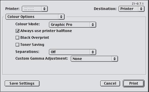 MAC OS 9 / CLASSIC W przypadku korzystania z dokumentu źródła RGB w celu symulacji wydruku innej drukarki należy zaznaczyć następujące ustawienia w sterowniku drukarki: 1.