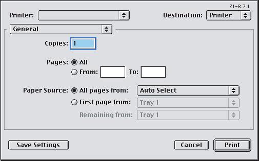 MAC OS9.X 1. Wybierz menu [Plik] [Drukuj]. 1 2 3 2. W menu drukarki (1) wybierz model drukarki. 3. Wybierz menu [Ogólne] (2).