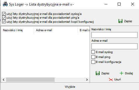 Przy definiowaniu powiadomień e-mail możliwe jest wprowadzenie jednego adresu nadawcy lub można skorzystać z listy dystrybucyjnej: Przy definiowaniu listy dystrybucyjnej należy wskazać jej