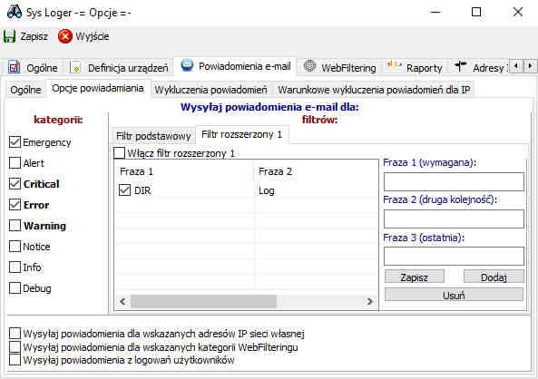 W filtrze rozszerzonym 1 frazy definiuje się poprzez dodawanie kolejnych wpisów, dodanie wpisu założenie filtru sprawdzającego od dwóch do trzech pułapek w jednym wpisie logu.