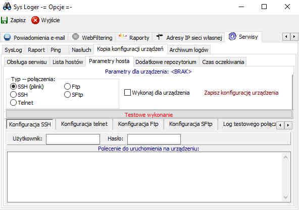 Parametry połączenia oraz polecenie wsadowe ustawiane jest w zakładce Parametry hosta. Ustawia się tam wykonanie na danego hosta.