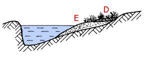 Przekrój 3(w poprzek rzeki): Ploso(buchta)- gª bina tamt dy pªynie nurt, (E) odsypisko- miejsce osadzania si