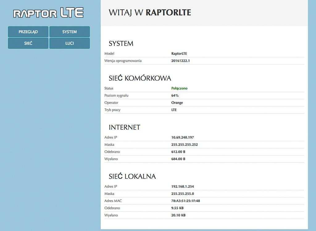 instrukcja RaptorLTE v1.1 3. Pojawia się okno PRZEGLĄD w którym pojawia się stan urządzenia 4.