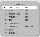Menu [Main Setup] EXPOSURE 1 [Ust. Ekspozytury] Menu [Main Setup] Specjalne 2 Jeżeli eli menu CAM TITLE jest wyłą łączone [OFF], nie będzie b wyświetlana wietlana nazwa kamery na a monitorze. 1. Podczas gdy MAIN SETUP jest wyświetlane wybierz EXPOSURE przy użyciu przycisków Góra/Dół i podświetl menu EXPOSURE SETUP.