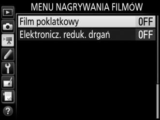 Filmy poklatkowe Aparat automatycznie rejestruje zdjęcia w wybranych interwałach w celu utworzenia niemego filmu poklatkowego z użyciem opcji aktualnie wybranych dla Wybierz obszar zdjęcia, Rozmiar