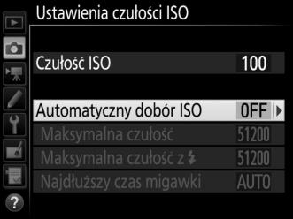 Automatyczny dobór ISO Jeśli wybrane jest Włącz dla Ustawienia czułości ISO > Automatyczny dobór ISO w menu fotografowania, czułość ISO będzie automatycznie regulowana, jeśli uzyskanie optymalnej