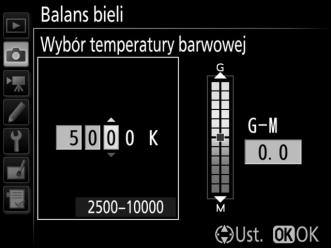 Wybieranie temperatury barwowej Postępuj zgodnie z opisem poniżej, aby wybrać temperaturę barwową, gdy K (Wybór temperatury barwowej) jest wybrane dla balansu bieli.