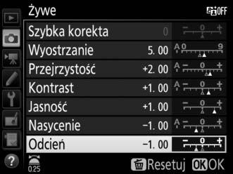 Modyfikowanie ustawień Picture Control Istniejące gotowe i osobiste ustawienia funkcji Picture Control (0 185) można modyfikować pod kątem ich dopasowania do typu scenerii lub zamierzeń twórczych