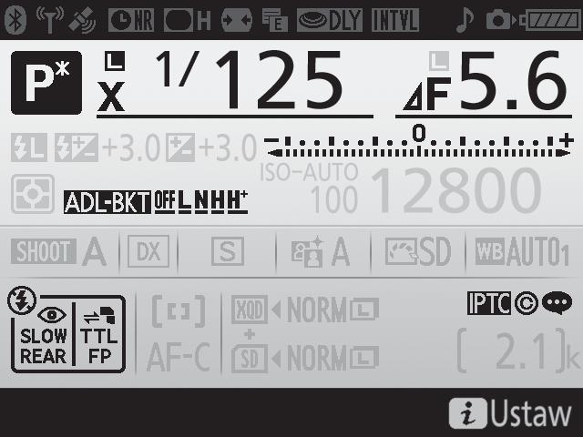 18 19 20 21 22 27 28 29 30 31 23 24 25 26 18 Wskaźnik synchronizacji błysku... 299 19 Ikona blokady czasu otwarcia migawki... 140 20 Czas otwarcia migawki... 133, 135 21 Wskaźnik działki przysłony.