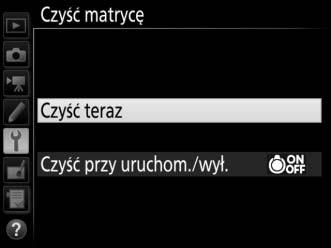 Czyszczenie matrycy Jeżeli istnieje podejrzenie, że efekty zabrudzeń lub kurzu na matrycy są widoczne na zdjęciach, można wyczyścić matrycę, korzystając z opcji Czyść matrycę w menu ustawień.