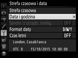 Po użyciu opcji Strefa czasowa do wybrania strefy czasowej oraz opcji (jeśli ma to zastosowanie) Czas letni do włączenia czasu letniego, wyróżnij Data igodzina i naciśnij 2.