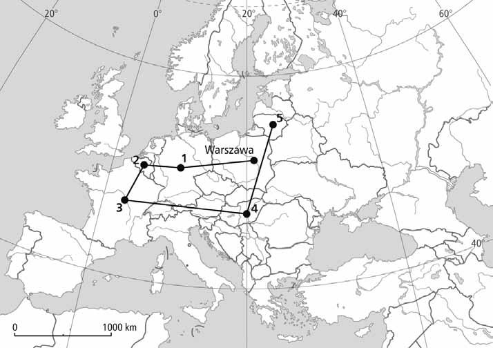 Mapa i tekst do zadania 21. Marcin wyruszył z Warszawy w podróż po Europie. Na mapie numerami 1 5 oznaczono kolejne kraje, do których dotarł. Zadanie 21.