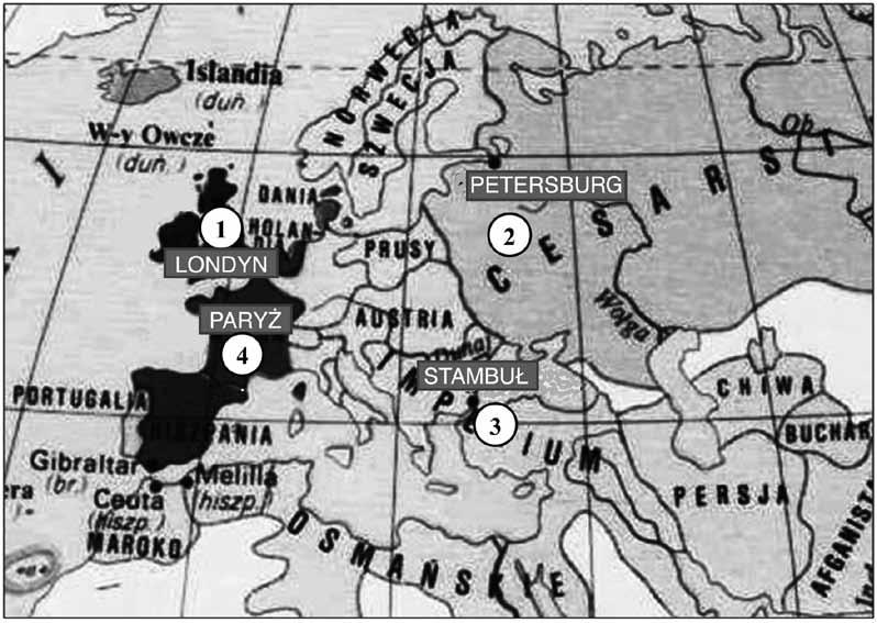 Mapa i tekst do zadania 15. Źródło: Atlas historyczny dla klasy VII VIII, Warszawa 1995. Tekst Nowe wynalazki umożliwiły intensywny rozwój licznych gałęzi przemysłu.