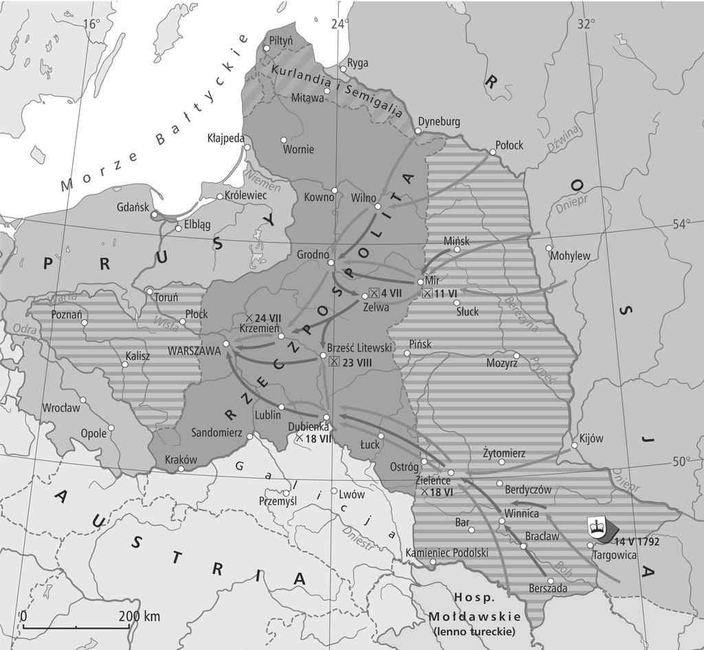 Mapa do zadania 14. Zadanie 14. Oceń, które z poniższych zdań jest bezpośrednim skutkiem wydarzeń przedstawionych na mapie.