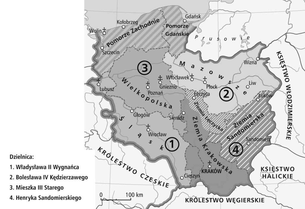 Tablica genealogiczna i mapa do zadania 5. Zadanie 5. Oceń, czy poniższe zdania dotyczące tablicy genealogicznej Piastów są prawdziwe, czy fałszywe.