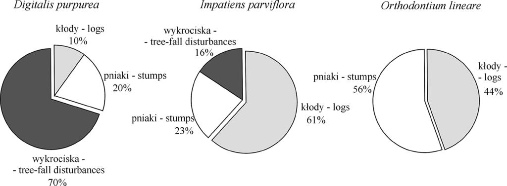 WYNIKI Na siedliskach murszejącego grubego drewna stwierdzono występowanie 126 gatunków (77 mchów i 49 roślin naczyniowych), a w obrębie wykrocisk 114 gatunków (54 mchy i 60 roślin naczyniowych);