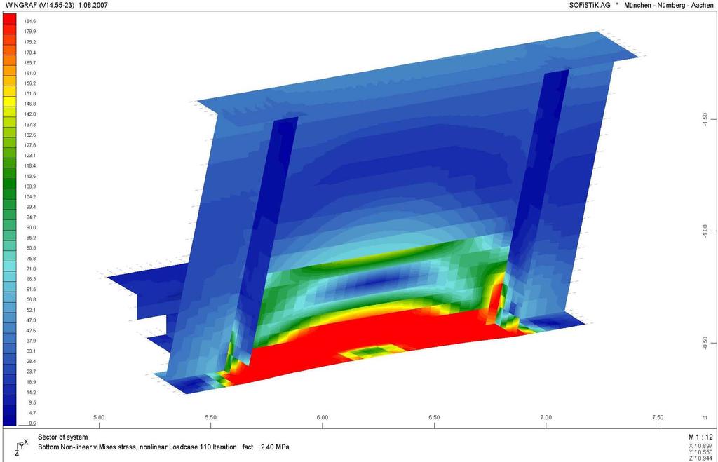 Szczegółowe zestawienie wyników dla poszczególnych elementów konstrukcyjnych podano w [3]. char σ = 133.4 MPa max char σ = -135 MPa min obl σ = 201.7 MPa max obl σ = -203.4 MPa min Rys. 12.