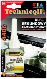 Technicqll 4406 - klej sekundowy, 20g, przeźroczysty Kod Kleimy: tcl1013o20k032y Pojemność: 20g Cechy: sekundowy Cena netto: 15,40 PLN Techniczny klej przemysłowy na bazie cyjanokarylanu etylu