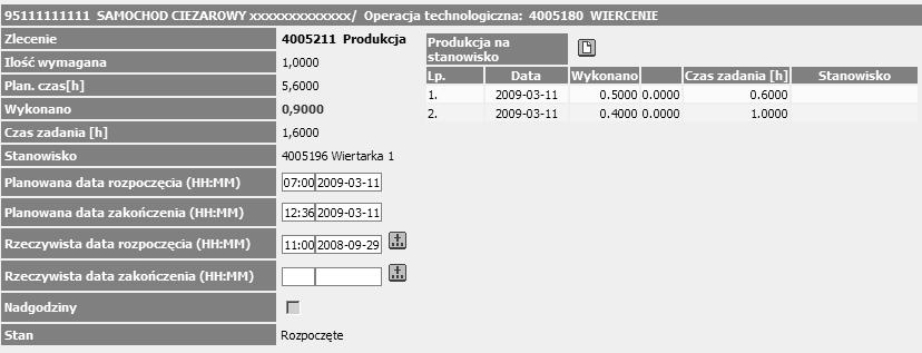 2. Raportowanie produkcji Raportowanie produkcji w toku odbywa się w oknie widoku szczegółowego operacji (Rys. 7).