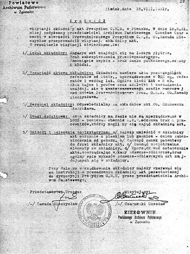 barbara grzybek Jeden z protokołów kontroli przeprowadzonej przez Archiwum w Zgorzelcu w PGRN w Pieńsku Mając współdziałać z terenowymi organami administracji państwowej w zakresie tworzenia nowych