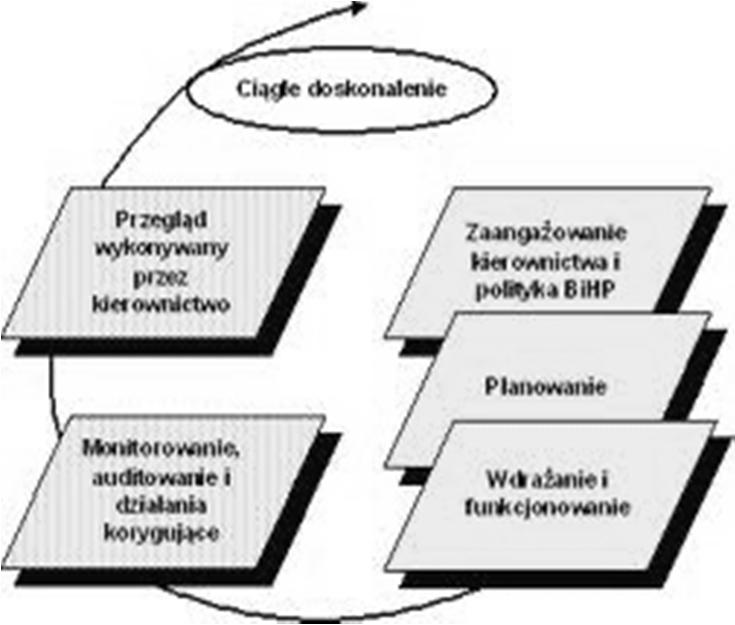 Model systemu zarządzania BHP wg polskich norm serii PN-N-18000 W Polsce wymagania i wytyczne dotyczące systemów zarządzania bezpieczeństwem i higieną pracy określają normy PN-N-18001:2004 Systemy