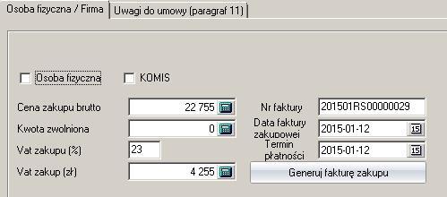 żadnego check boxa powoduje ukrycie okienka na umowę os. fiz i umowę komis, a pokazanie się przycisk Generuj fakturę zakupu.