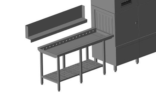 Akcesoria Wyjścowe stoły rolkowe STR, MTR typ 734 Stoły rolkowe wyjściowe mają spód z ukształtowanym spadkiem w kierunku własnych kratek ściekowych i regulowane nóżki.