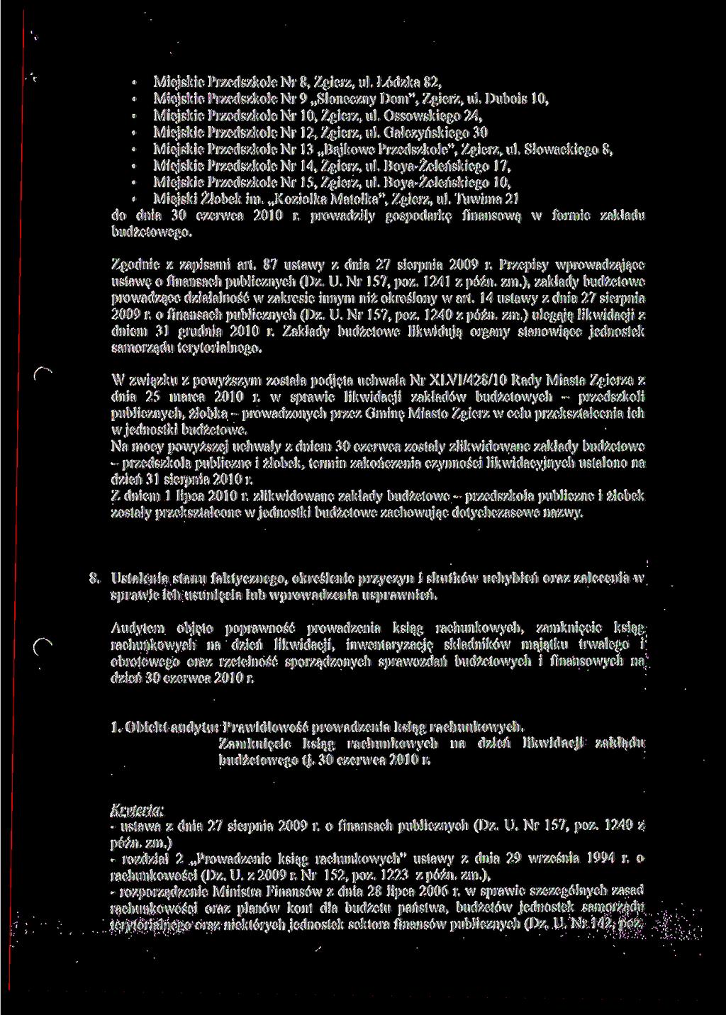 Miejskie Przedszkole Nr 8, Zgierz, ul. Łódzka 82, Miejskie Przedszkole Nr 9 Słoneczny Dom", Zgierz, ul. Dubois 10, Miejskie Przedszkole Nr 10, Zgierz, ul.