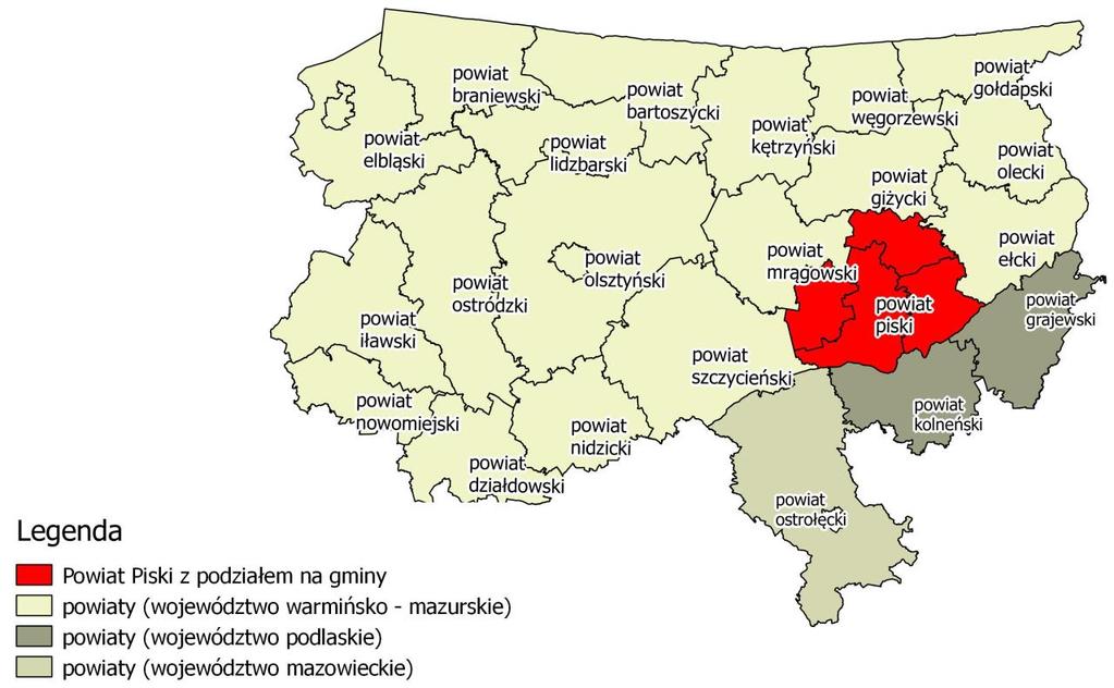 Rysunek 3. Położenie Powiatu Piskiego na tle sąsiednich powiatów województwa warmińsko - mazurskiego Źródło: Opracowanie własne 4.