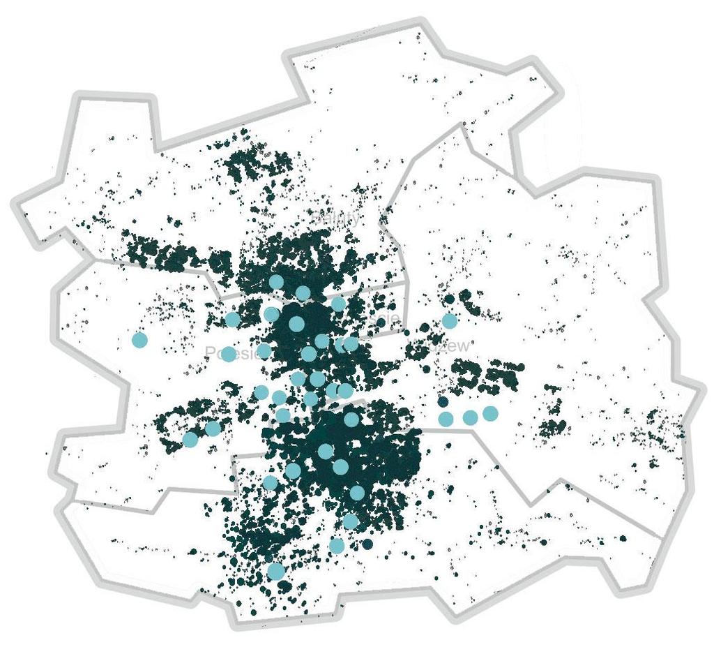 P O L I T Y K A S P O Ł E C Z N A 2 0 2 0 + d l a M I A S T A Ł O D Z I 74 Ryc. 77. Placówki wsparcia dziennego a przestrzenny rozkład pobierania zasiłków Opracowanie: W.