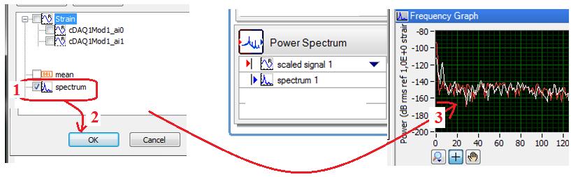 Następnym krokiem jest dezaktywacja wizualizacji przebiegu scaled signal i aktywacja opcji spectrum (zgodnie z instrukcją na rys. ). Rys.