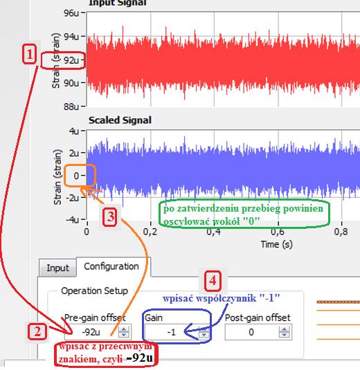 Po uaktywnieniu okna Scaling and Conversion kliknąć okno Configuration i wpisać w oknie Pre-gain offset wartość sygnału z