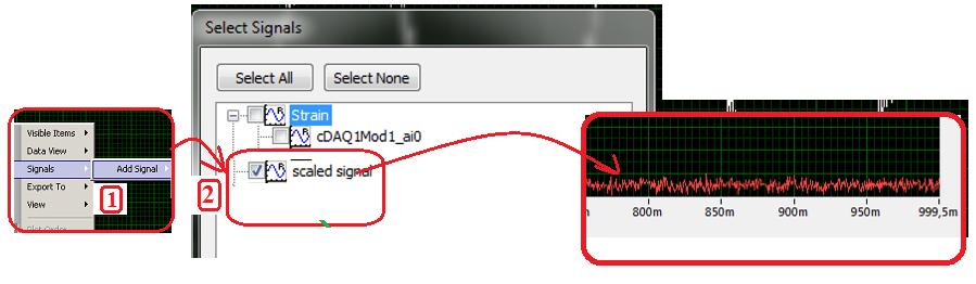 Następnie otworzyć okno wizualizacji wyników pomiaru Data View i usunąć kanał ai0 (opcje: Signals Remove Signals cdaqmod_ai odznaczyć), a