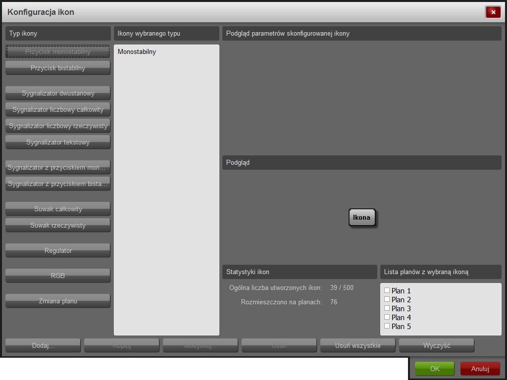 1.3.3 Ikony Formatka pozwala utworzyć ikony reprezentujące poszczególne elementy instalacji, używane później w budowie logiki. Są one wspólne dla wszystkich planów w obrębie Modułu.