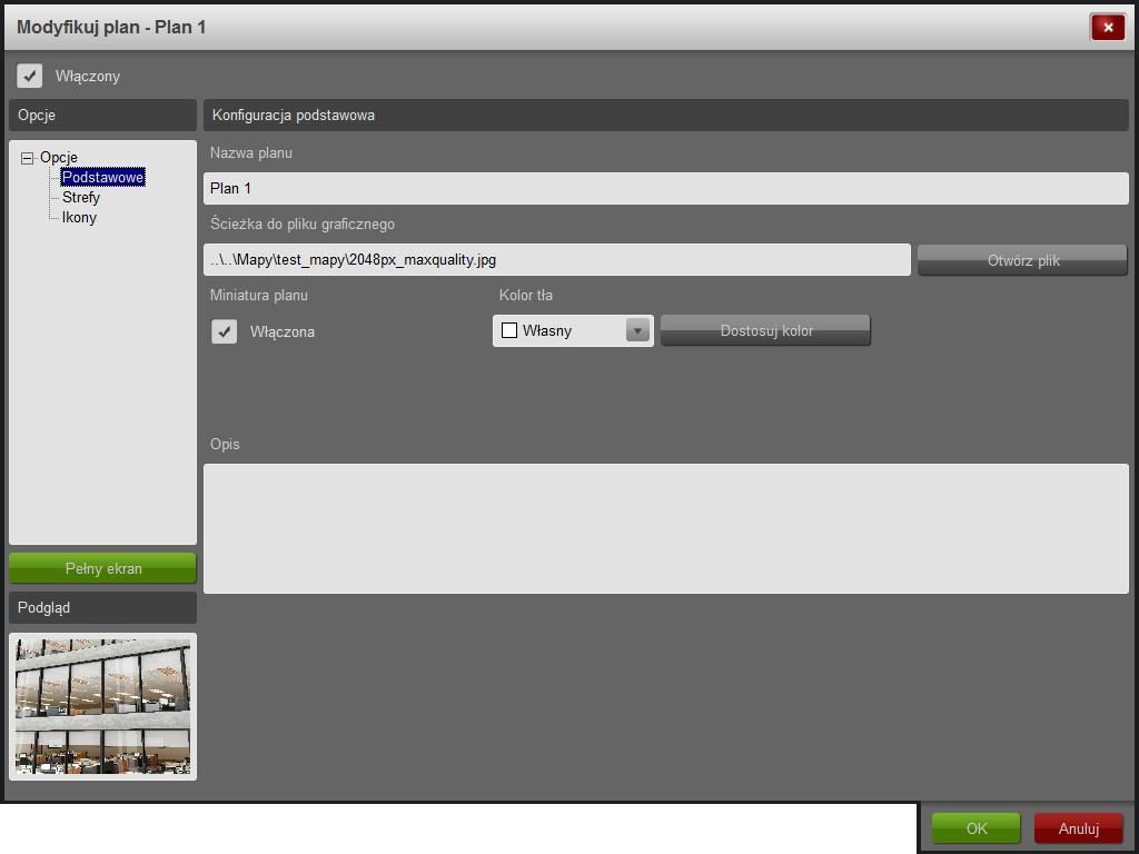 Rysunek 24: Okno konfiguracji planu - zakładka Podstawowe graficznego oraz ustawić opcje dodatkowe: opis, kolor tła planu oraz