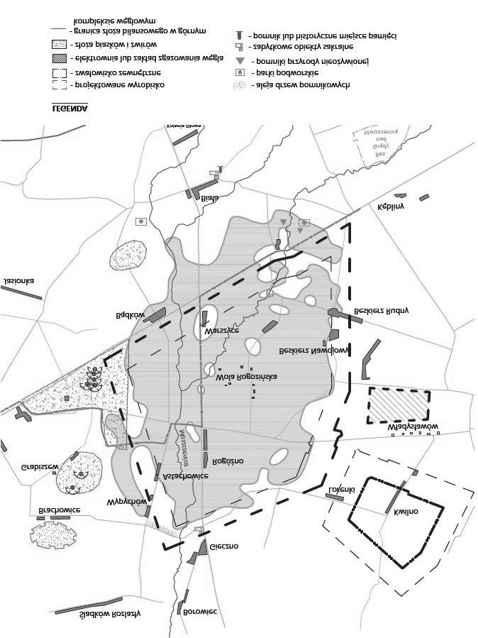 Rys. 1. Lokalizacja granicy z³o a bilansowego dla górnego kompleksu wêglowego z³o a RogóŸno na tle przewidywanego zasiêgu eksploatacji [5] Fig. 1. The location of the border of economic resources for the upper complex of lignite in Rogozno deposit against anticipated exploitation range [5] powierzchni), lasy (ok.