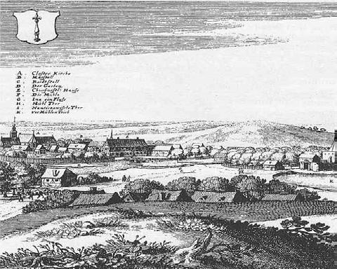 Ryc. 1a. Widok Recza wg M. Meriana fragment z wyobrażeniem zespołu budynków poklasztornych.