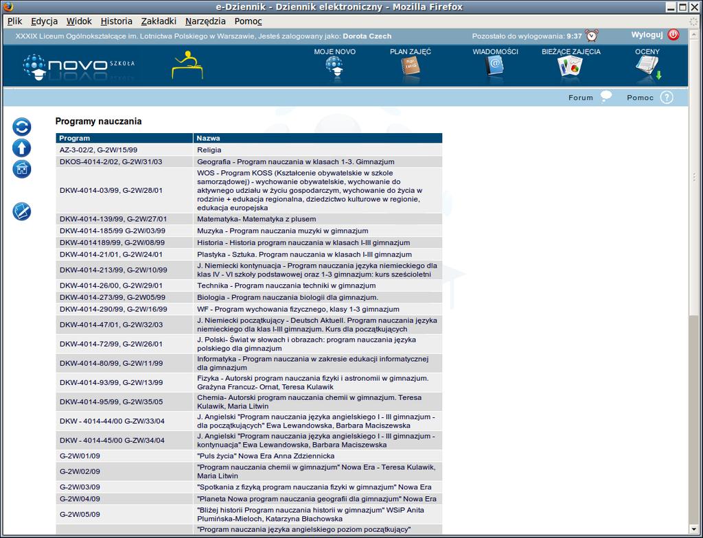 Programy nauczania Lista obowiązujących programów nauczania.