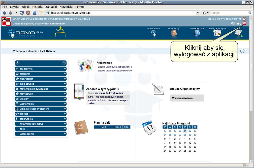 Rozdział 1. Podstawowe informacje 6 UWAGA! Jeżeli, korzystając z aplikacji, przez czas 10 minut nie wykonamy żadnej czynności (np. nie przejdziemy do innego ekranu), nasza sesja zakończy się.