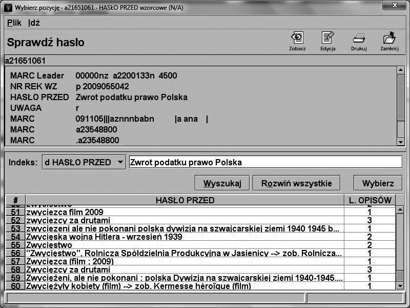 90 indeksu: Seria/Cykl. Cyklu trzeba szukać w indeksie tytułowym. Podobnie nie ma osobnego indeksu Recenzja; chcąc znaleźć odpowiednie hasło, wpisujemy je w polu wyszukiwania kartoteki.