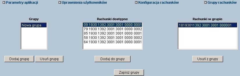 GRUPY RACHUNKÓW Aby prezentować informacje o kilku rachunkach w sposób syntetyczny można utworzyć grupę o dowolnej nazwie i przypisać jeden lub więcej rachunków do takiej grupy.