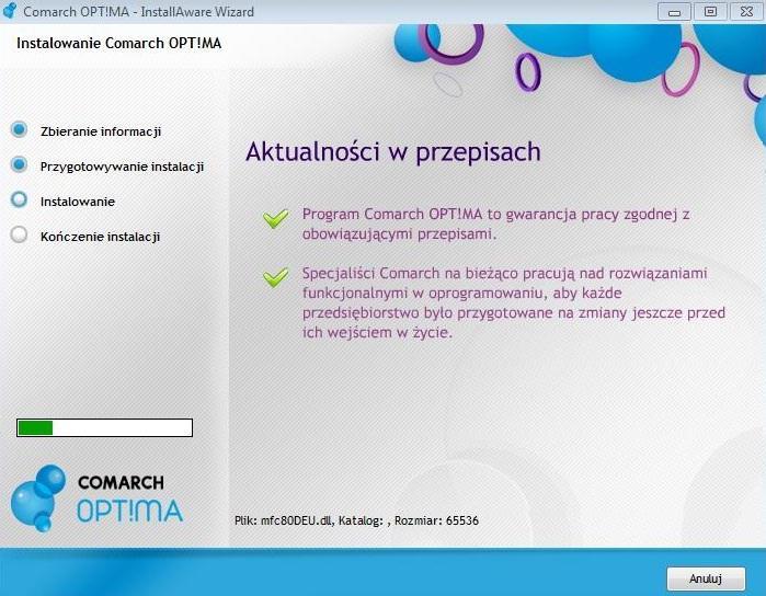 Po wybraniu opcji Dalej instalator rozpocznie instalację programu. Użytkownik jest informowany na bieżąco o postępie instalacji. Rys. 11 Postęp instalacji 5.2.